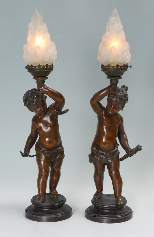 Pair french putti newell post lamps lot 1290a