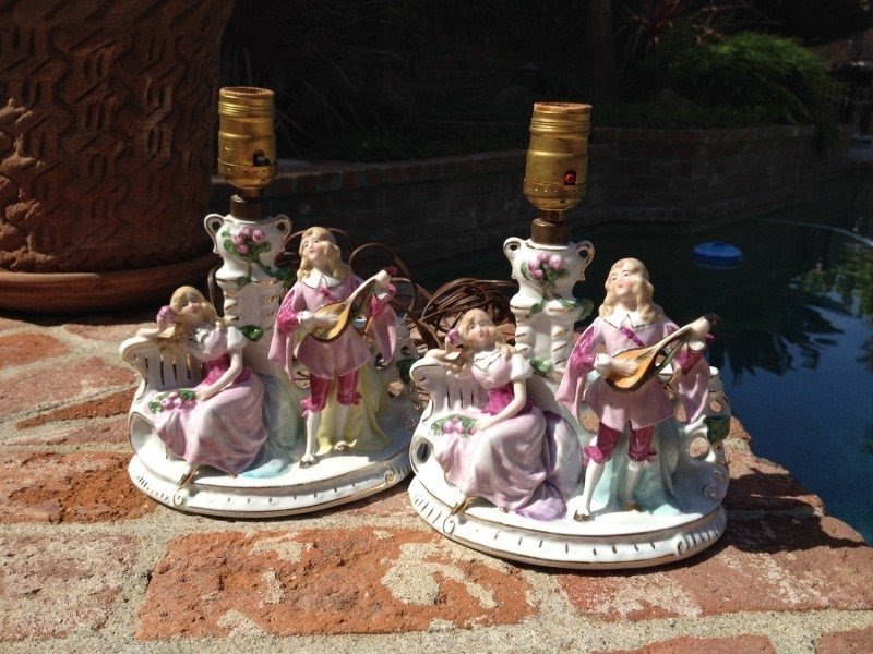 Pair vintage porcelain german figurine lamps couples love serenade pink