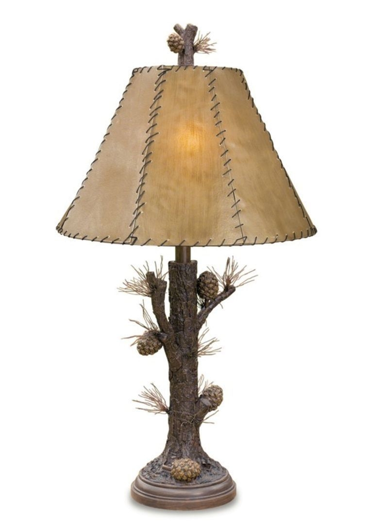 Pinecone rustic table lamp rawhide shade pine tree bark base