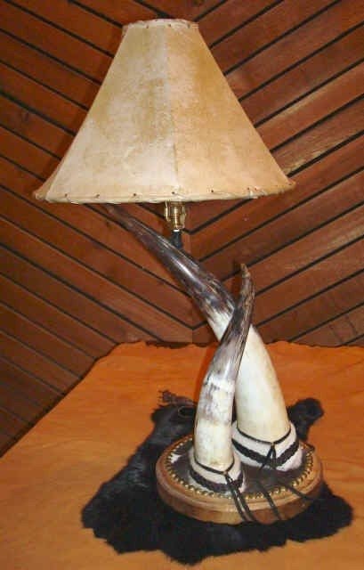 Steer horn lamp with rawhide shade