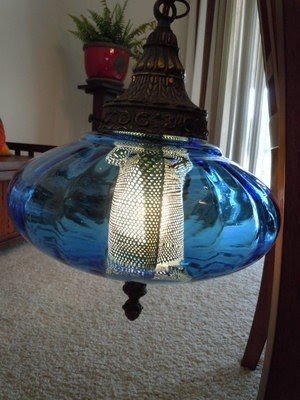 Vintage 60s 70s retro blue glass swag hanging lamp light