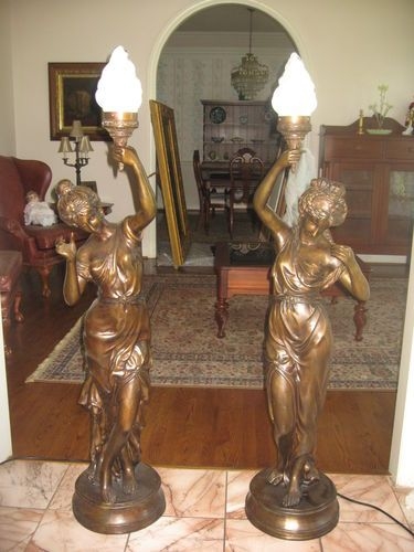 Vintage French Art Nouveau Nude Lady Figural Bronze Newel Post Lamp Pair 58