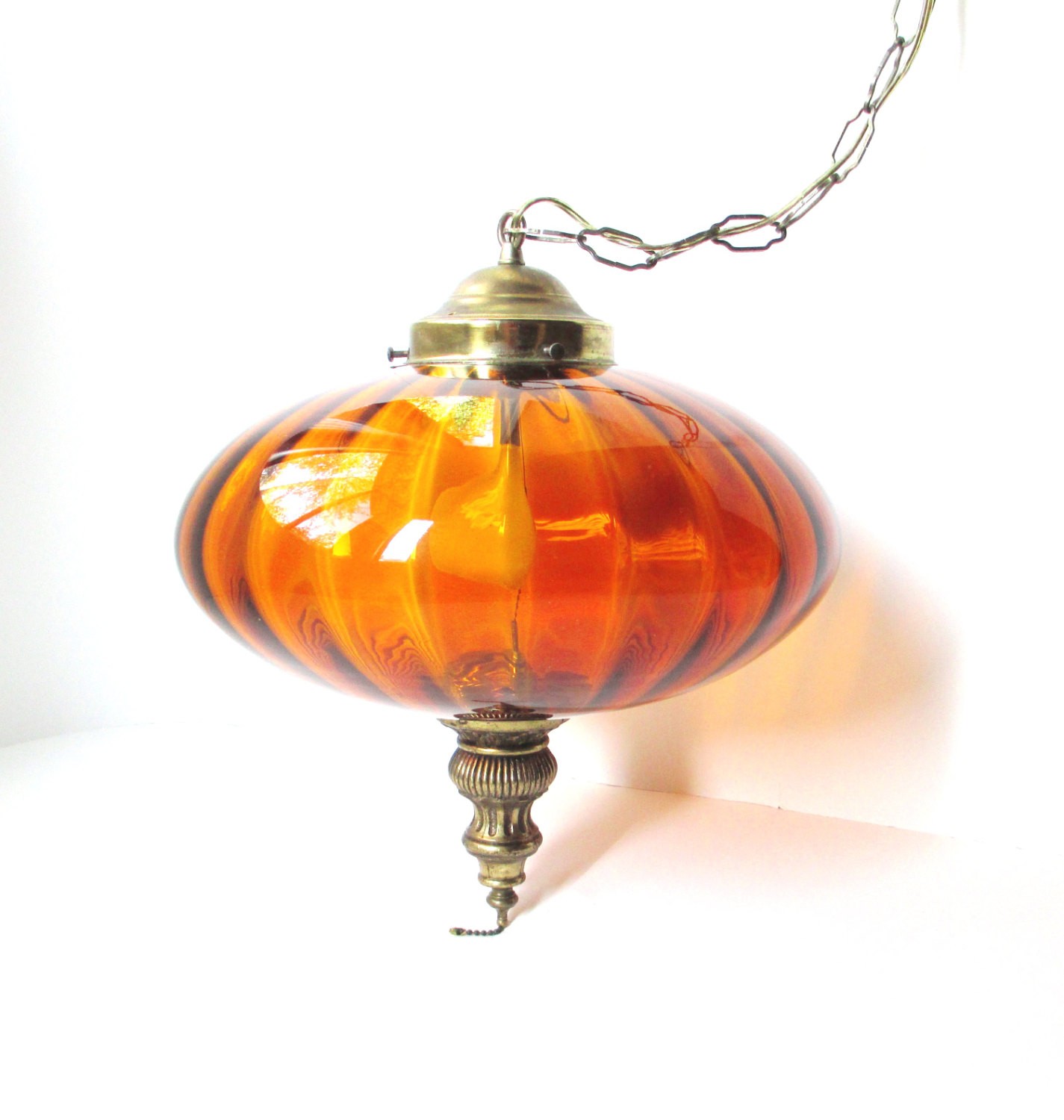 Vintage hanging swag lamp amber glass