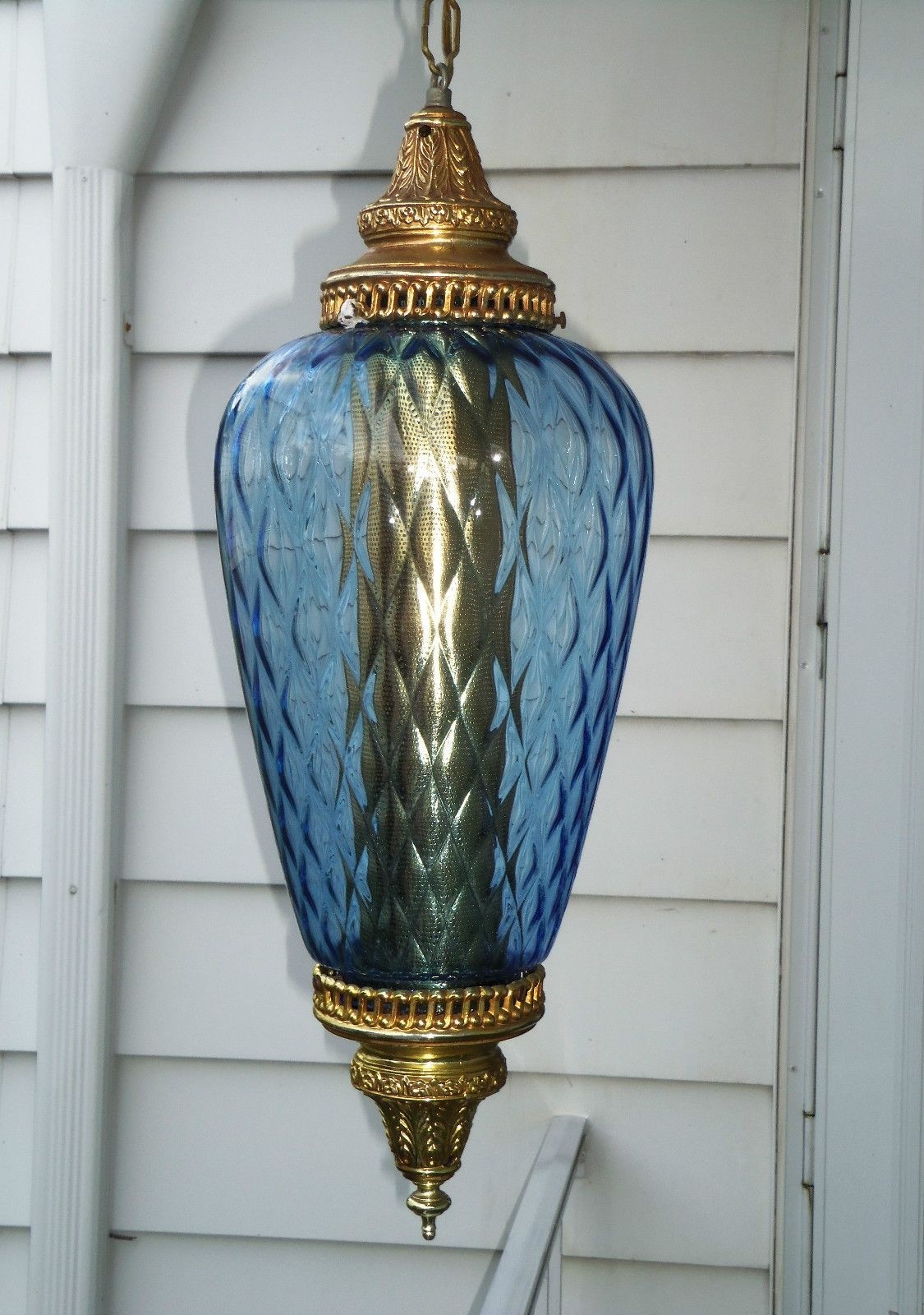 Vintage Mid Century Modern Retro Swag Lamp Hanging Light Blue Glass Large