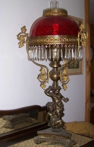 Antique 1920s electric cherub parlor lamp w crystal glass prisms