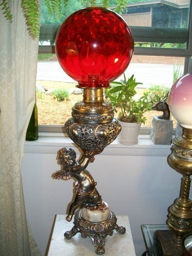 Antique mathew willard banquet cherub oil lamp