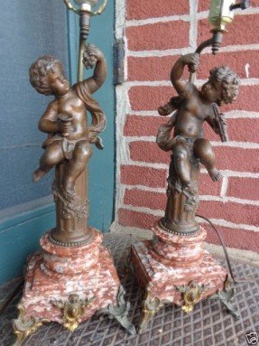 Antique Victorian French Cherub Putti Grapes Figural Bronze Wash Marble Lamp Set