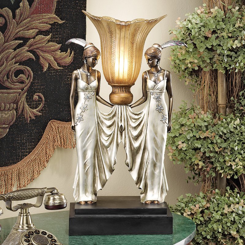 Art deco peacock maidens illuminated statue