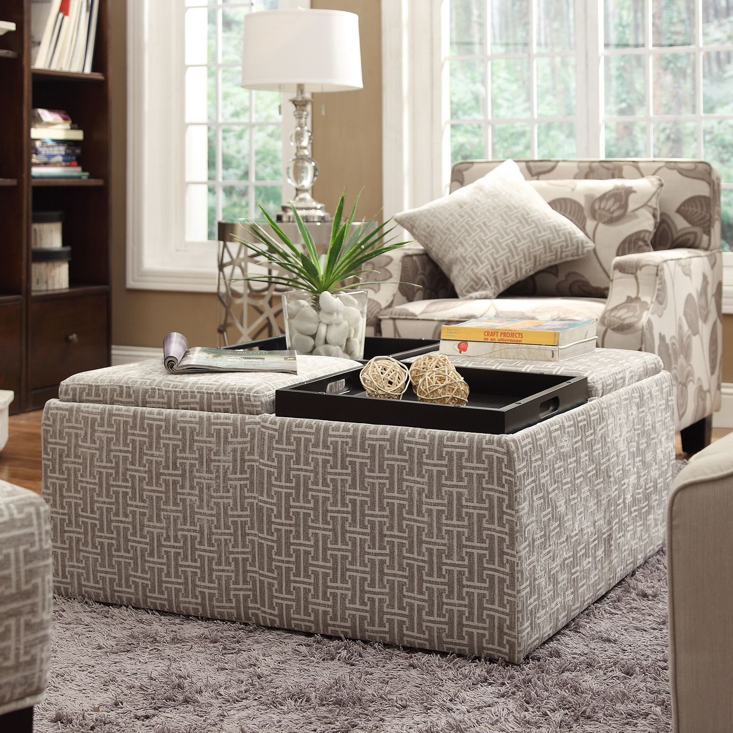 Inspire Q Avenue Grey Bracket Chain Tray Top Storage Cocktail Ottoman Contemporary Ottomans And Cubes