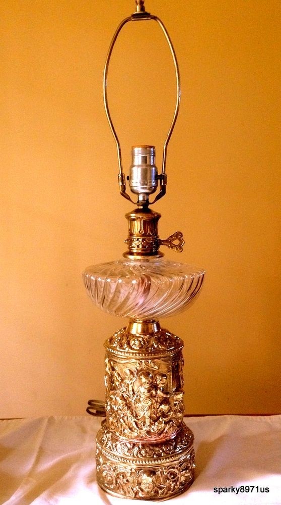 Vintage Antique Cherub Putti Brass Table Lamp Ornate Detail 26 Fine Condition
