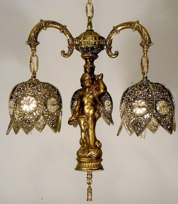 Vintage filigree shade cherub angel chandelier fixture antique rewired reserve