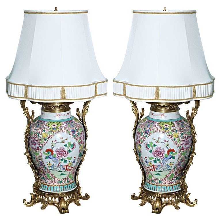 Beautiful pair of 1780 rose palette chinese porcelain lamps