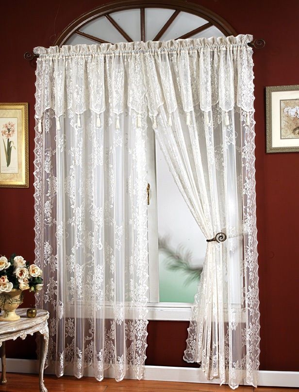 Carly lace curtain panel with attached valance tassels ecru