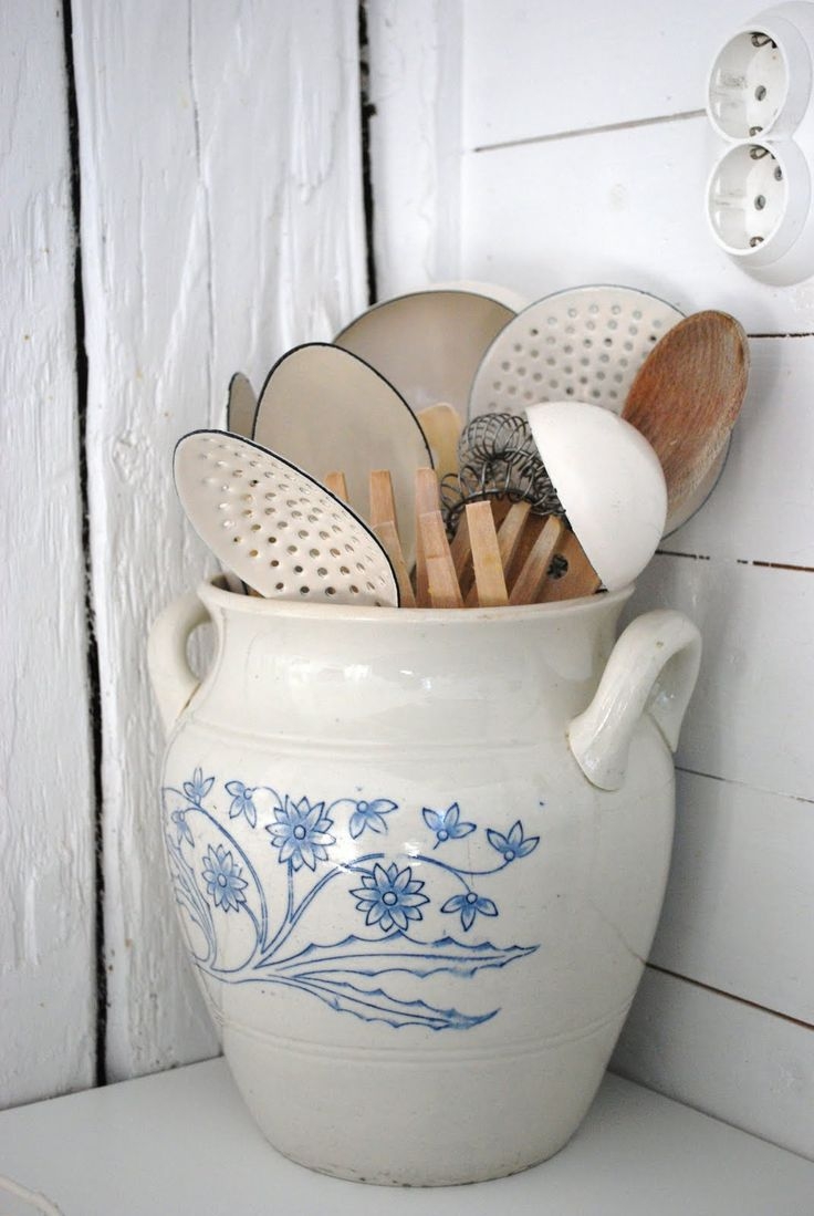 Vintage White Ceramic Crock for Kitchen Utensils 