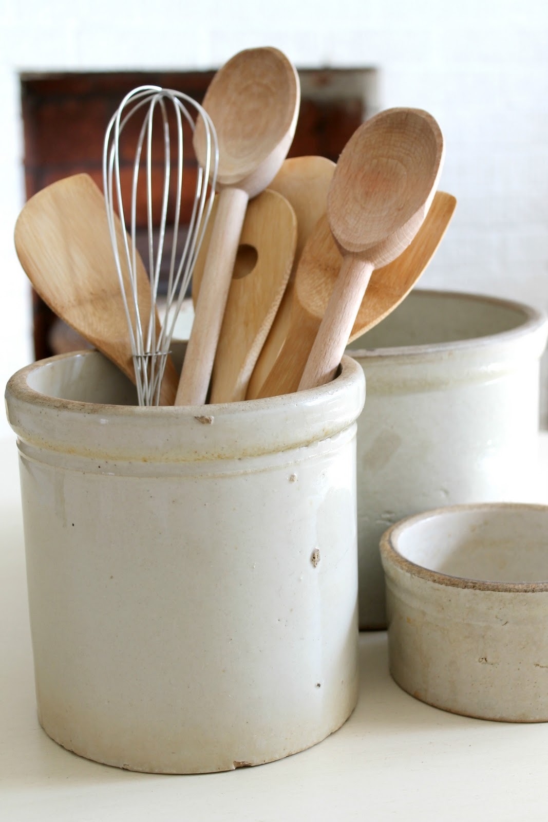 Vintage White Ceramic Crock for Kitchen Utensils 