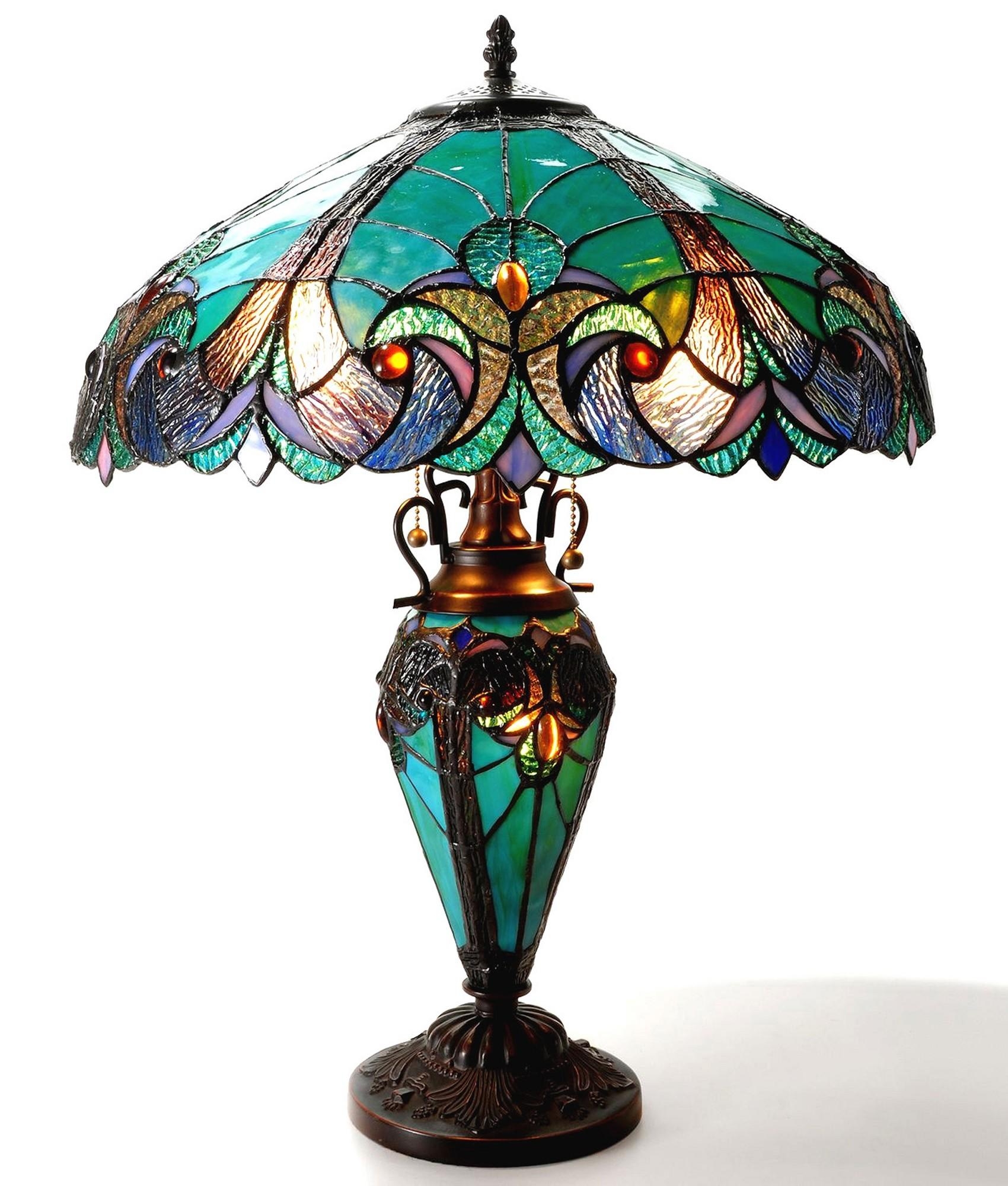 Tiffany Style Table Lamp With Night Light Vintage Stained Glass Teal Bedroom