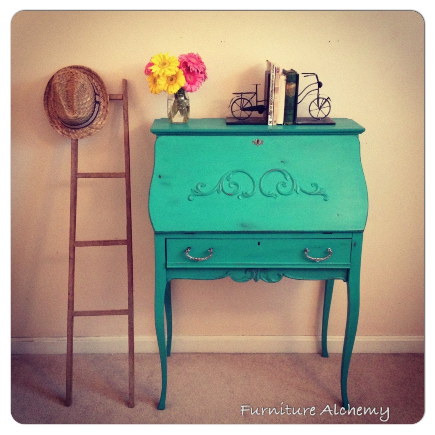 Turquoise antique secretary desk shabby