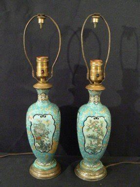 Antique Japanese Cloisonne Enameled Lamps Pair Top Quality Turquoise Silver Wire