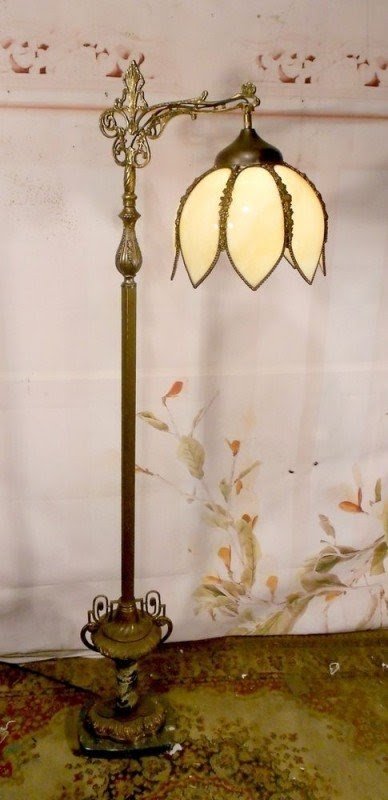Antique Vintage Bridge Arm Floor Lamp Light Fixture With Slag Stain Glass Shade