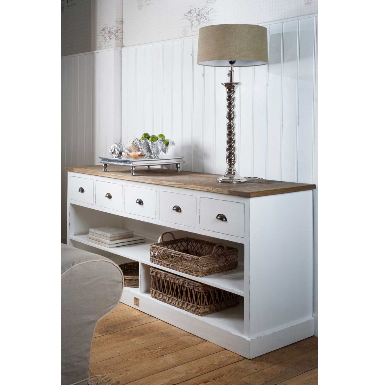 Console table with rattan baskets love the wood floor