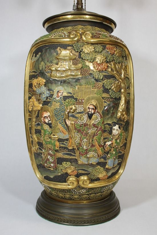 Large Antique Japanese Satsuma Pottery Vase Lamp Hand Painted Moriage Figures