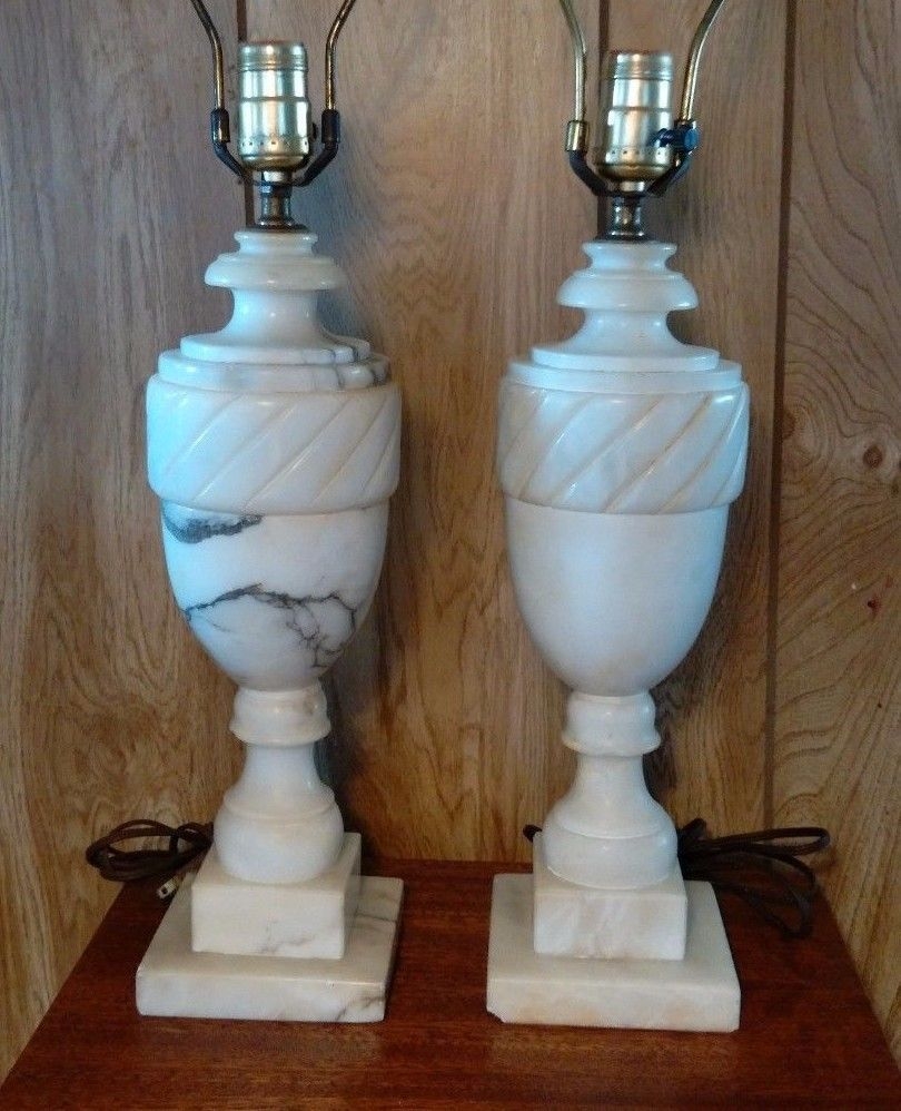 Pair Italian Carved Alabaster Neo Classical Urn 18 Tall Table Lamps Circa 1940