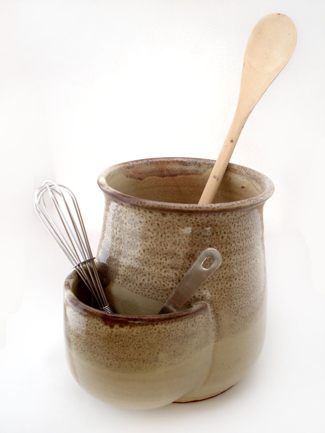 Utensil holder with pocket tan utensil crock pottery spatula holder