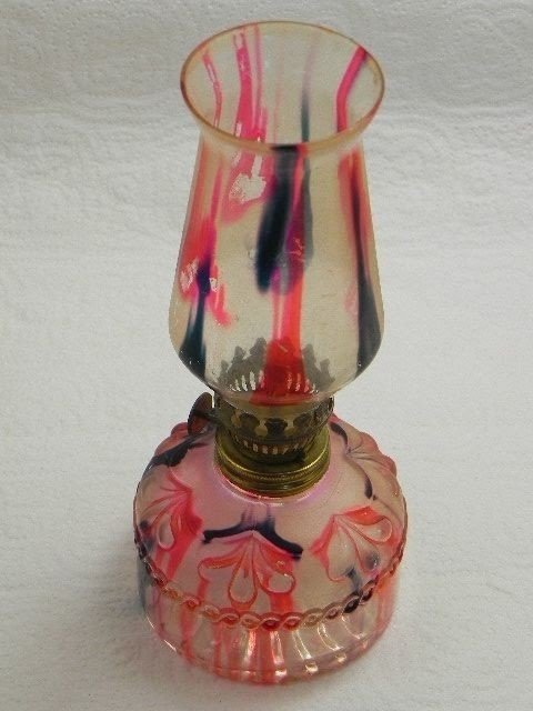 Vintage glass oil lamp in pink and blue japanese