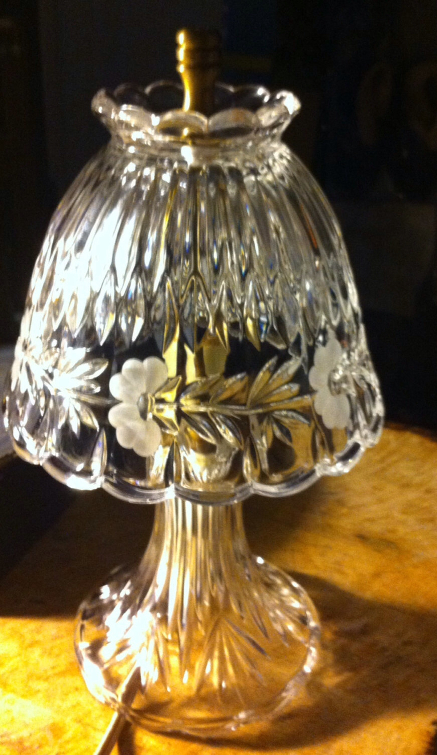 Vintage Clear Lead Crystal Glass Ceiling Fan Lamp Shade Diamond Etched Florals 