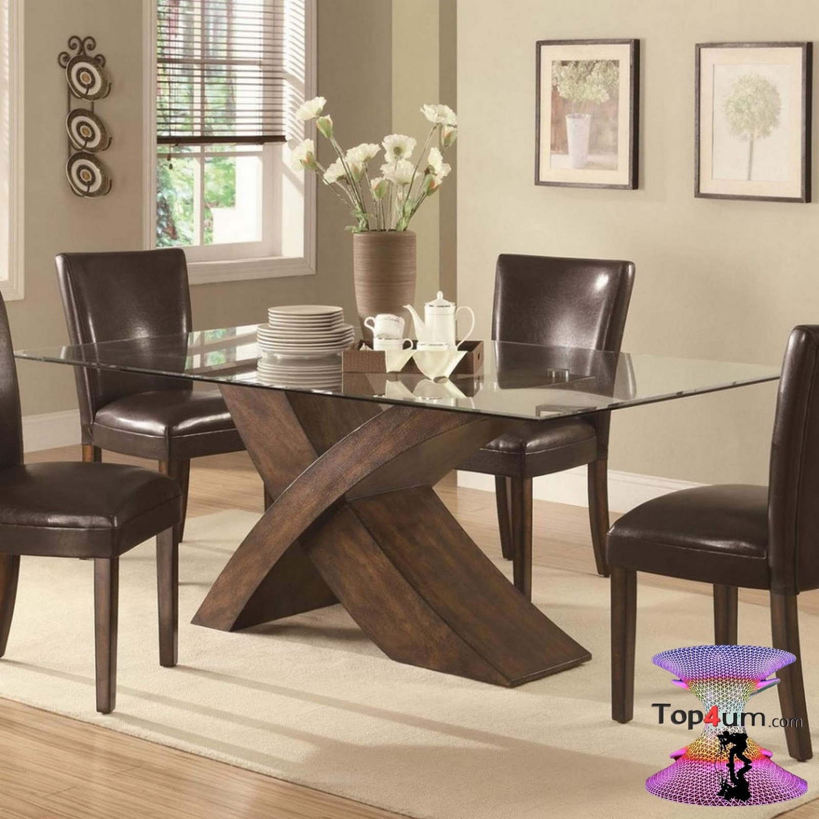 Wood Base Glass Top Dining Table 1 