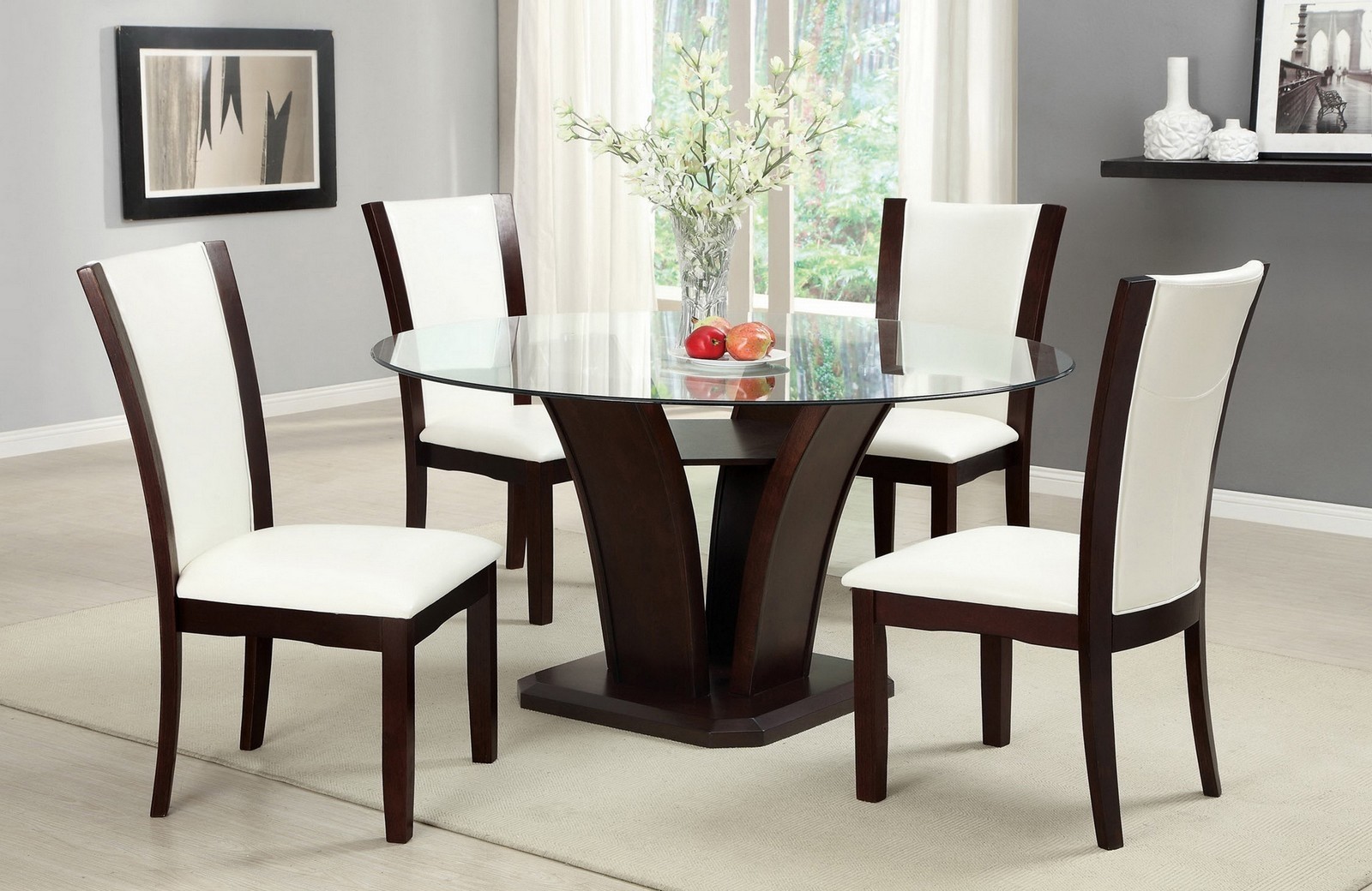 Dining Table Set Dark Cherry Round Glass Ivory White Leatherette Home Kitchen F