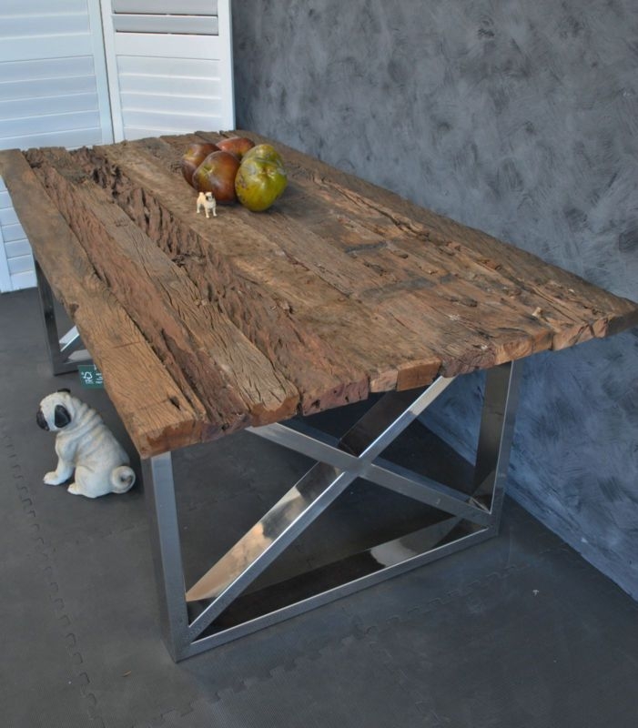 Large industrial rustic recycled timber steel base refectory dining table