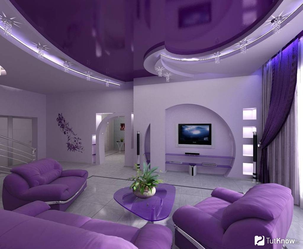 living room with purple furniture