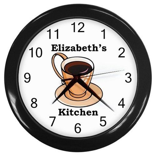 This custom made personalized kitchen wall clock features a coffee