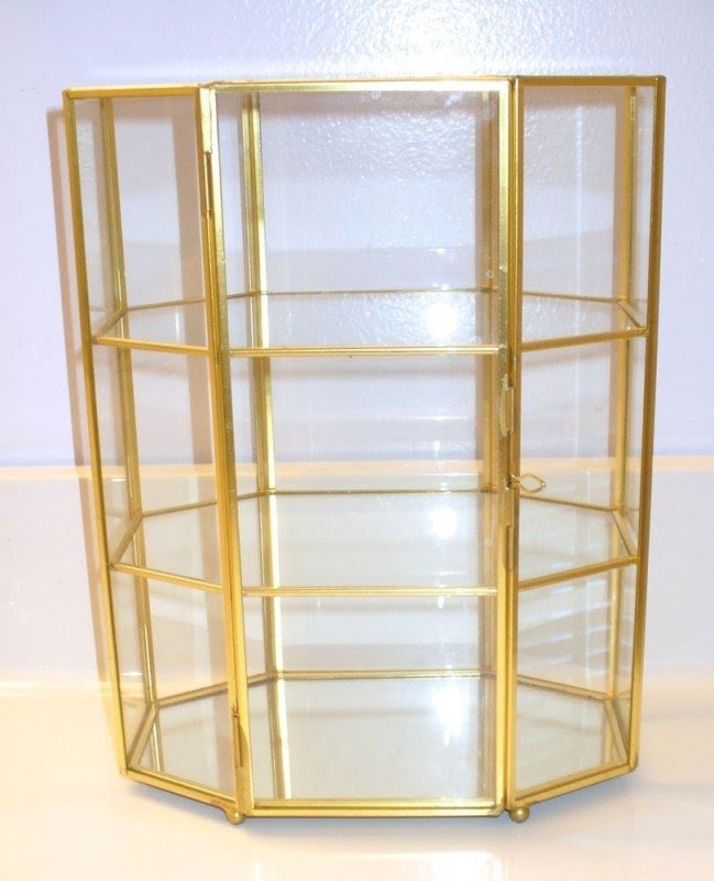 Vintage Octagon Glass Brass Curio Display Case Cabinet Mirror 10 3 4 Tall