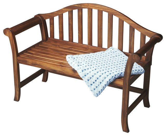 Arched wood bench in cinnamon with a slatted back product