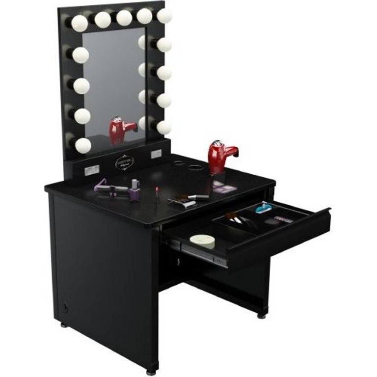 Black vanity desk with mirror