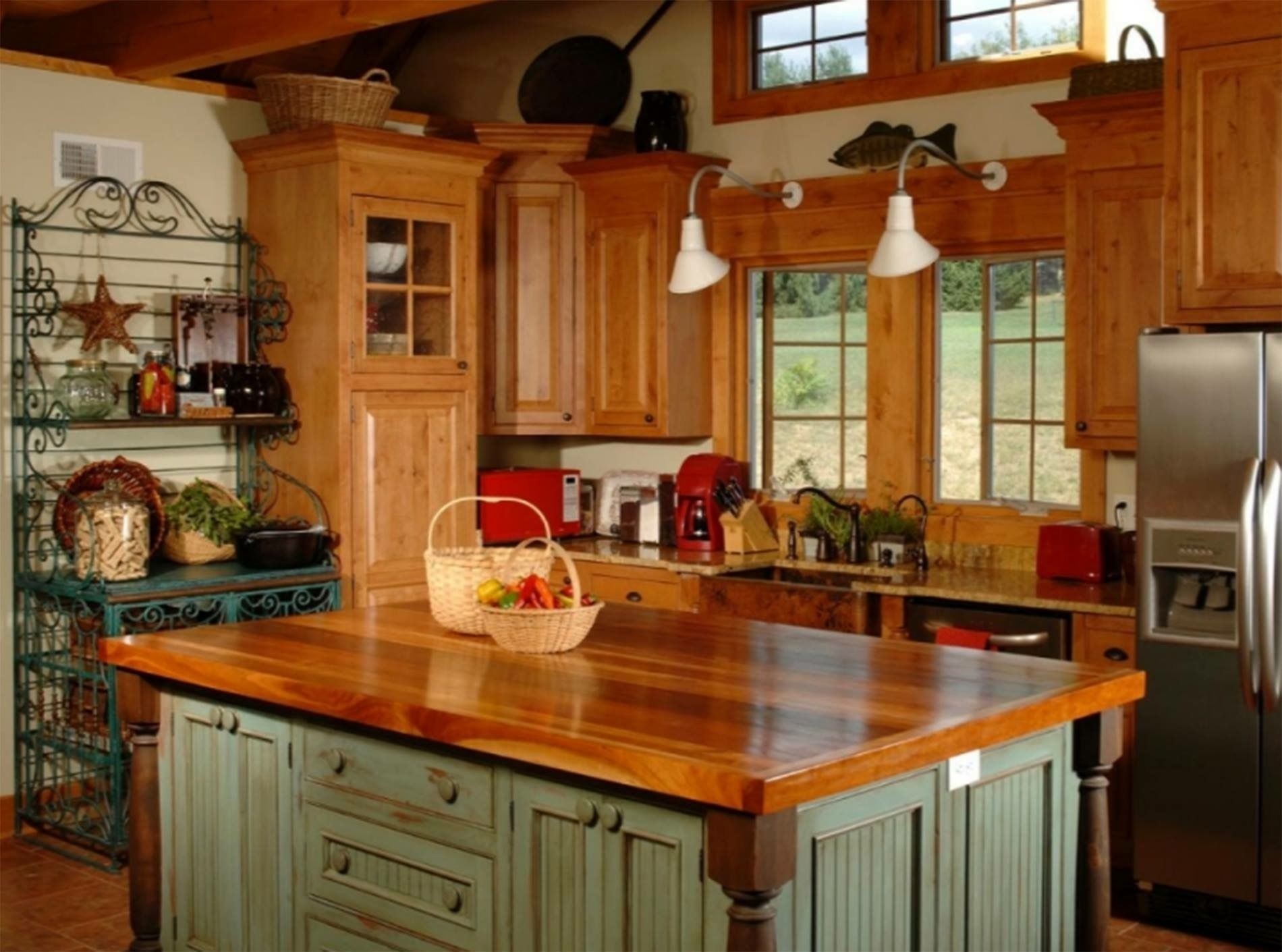 2-Level Kitchen Island with Storage Cabinet, Butcher Block