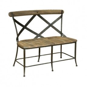 Metal dining bench with a cross back design and wood