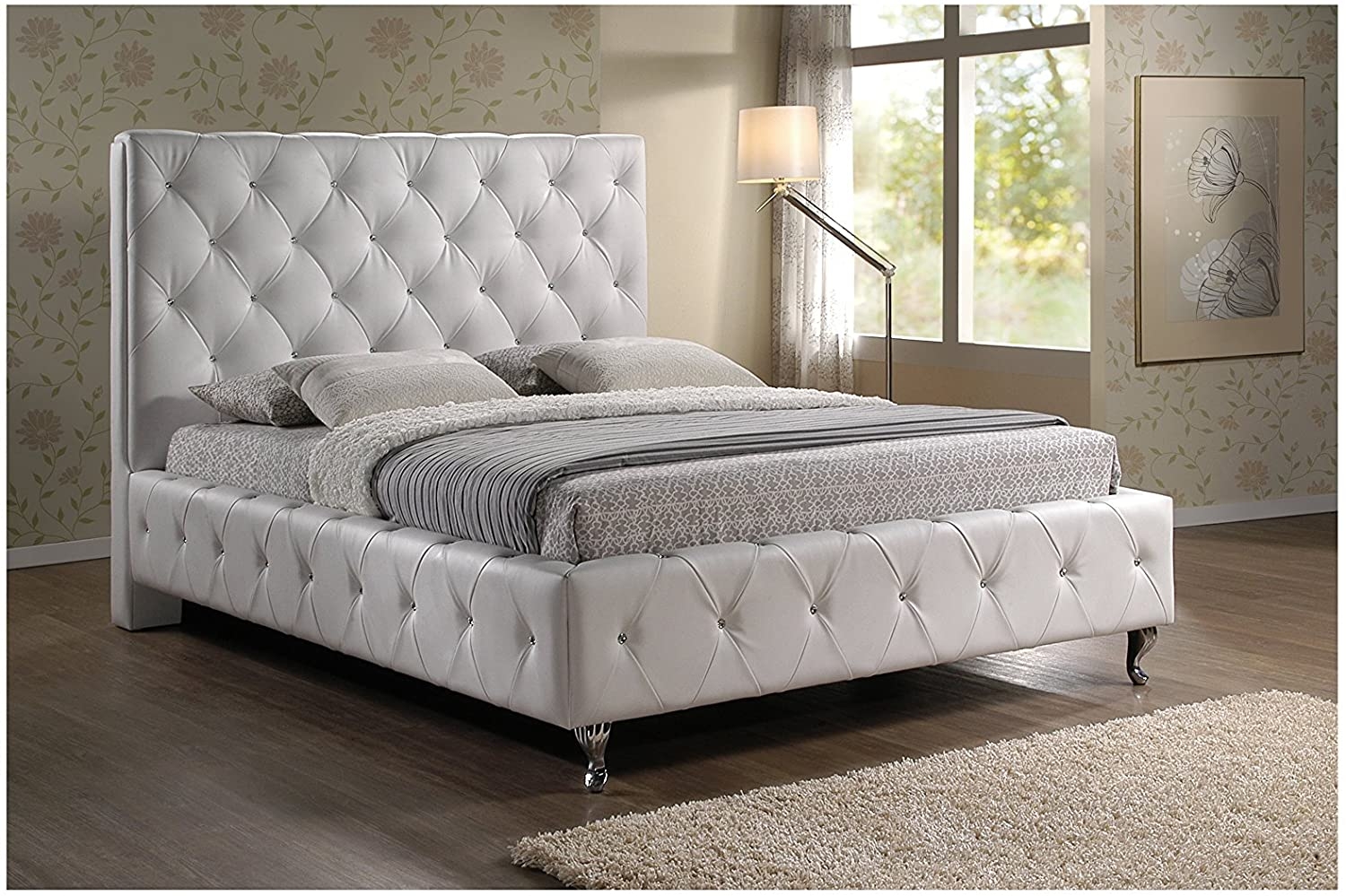 White king size modern headboard tufted design leather look upholstered