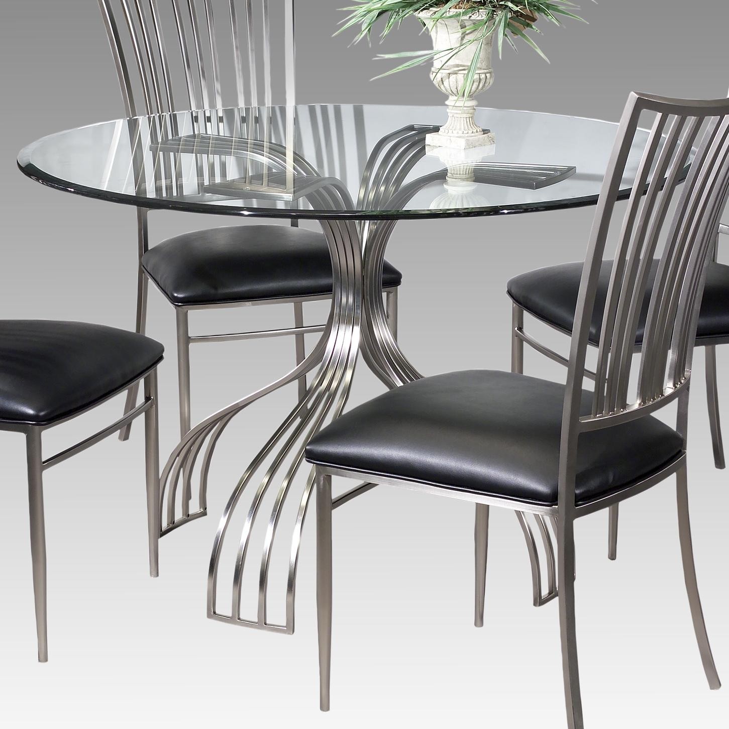 Chintaly glass topped round pedestal dining table with slatted metal