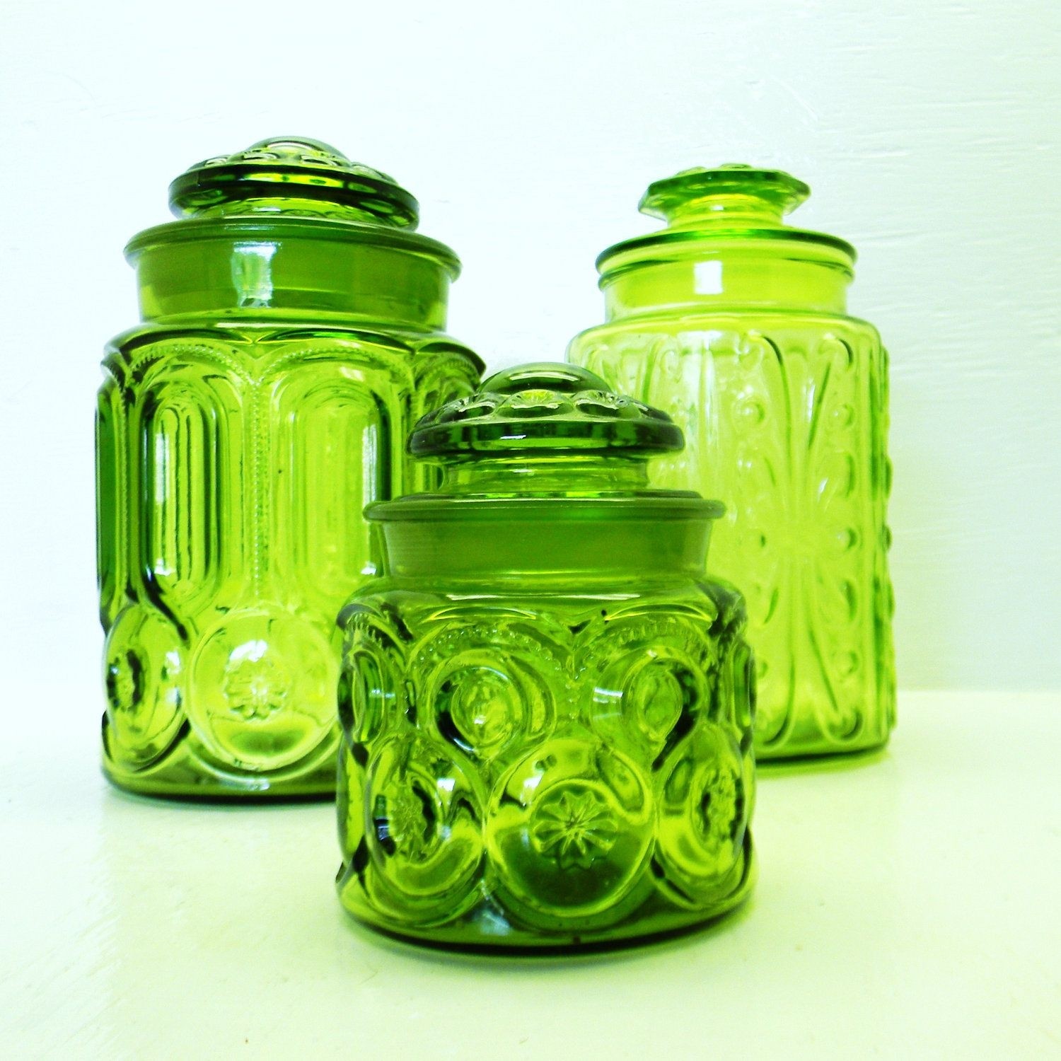 Vintage Green Glass Embossed Tall & Medium Pasta Jar w Decorative Wood Lid.