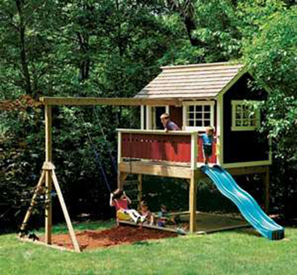 Kids outdoor wooden playhouse swing set detailed plan