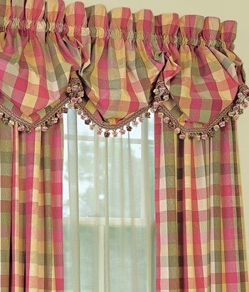 Moire plaid lined balloon valance with fringed trim will all