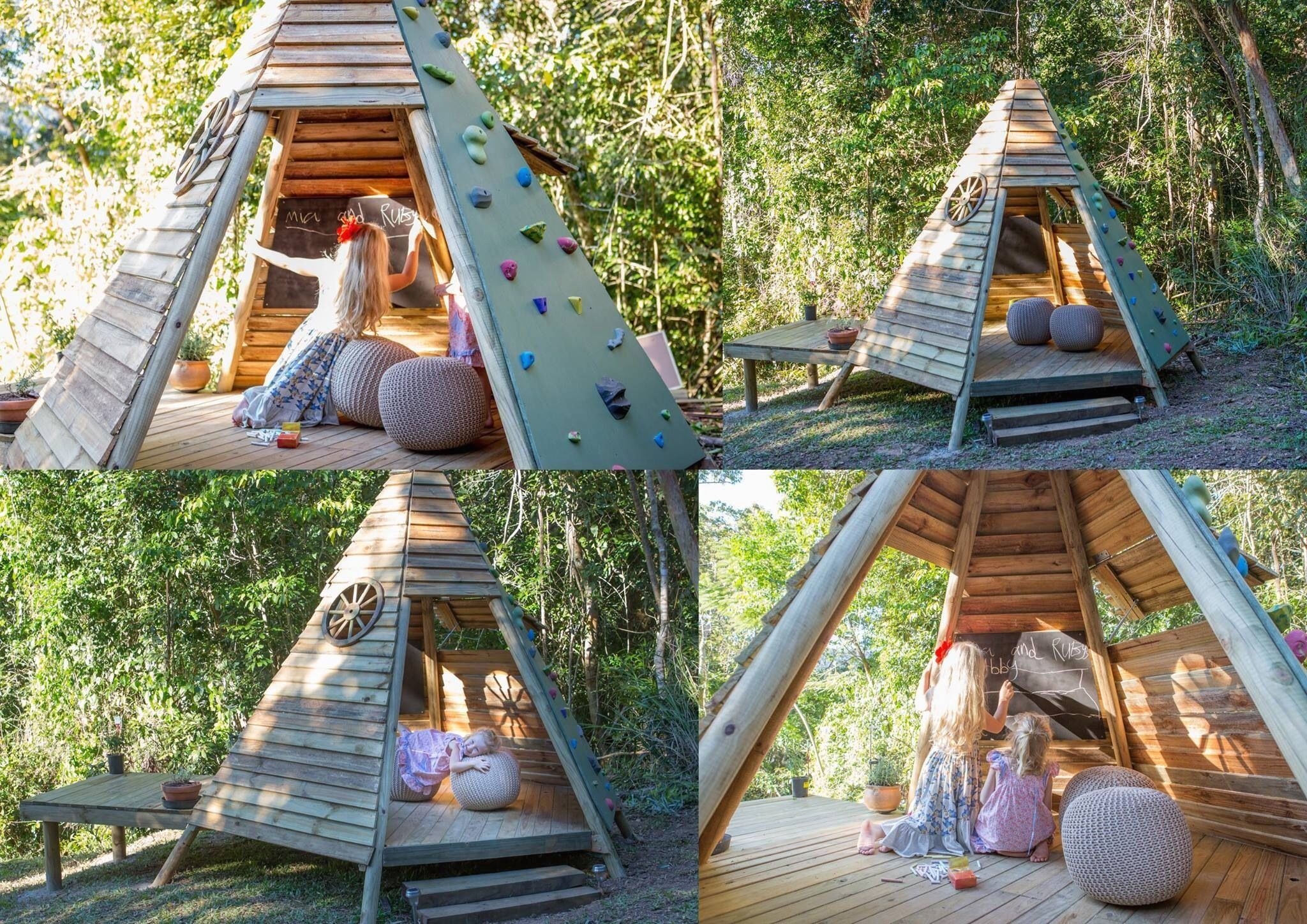 wooden playhouse with slide and sandpit