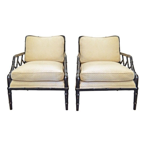 Pair enameled faux bamboo arm chairs