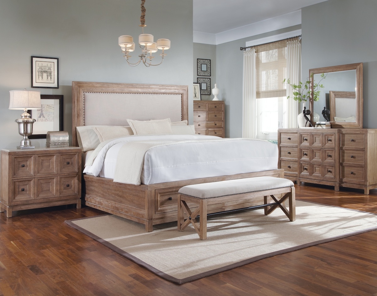 white bedroom with oak furniture