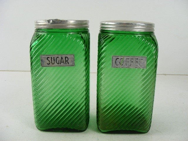 Vintage antique old dark green depression glass canister jars coffee