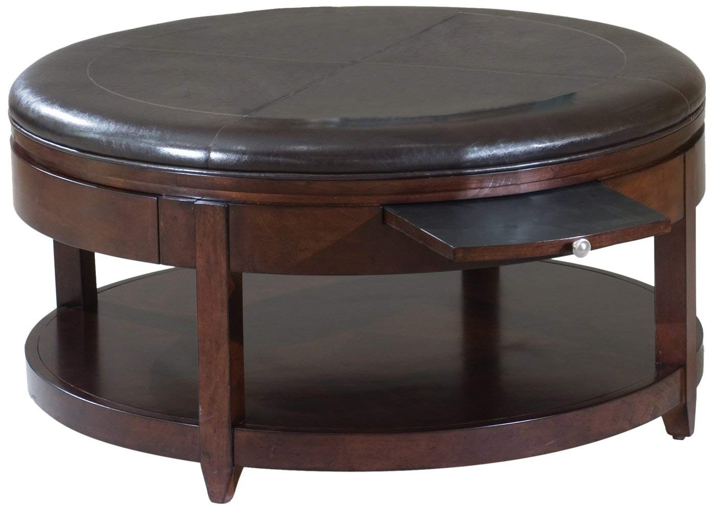 coffee table with dark leather sofa