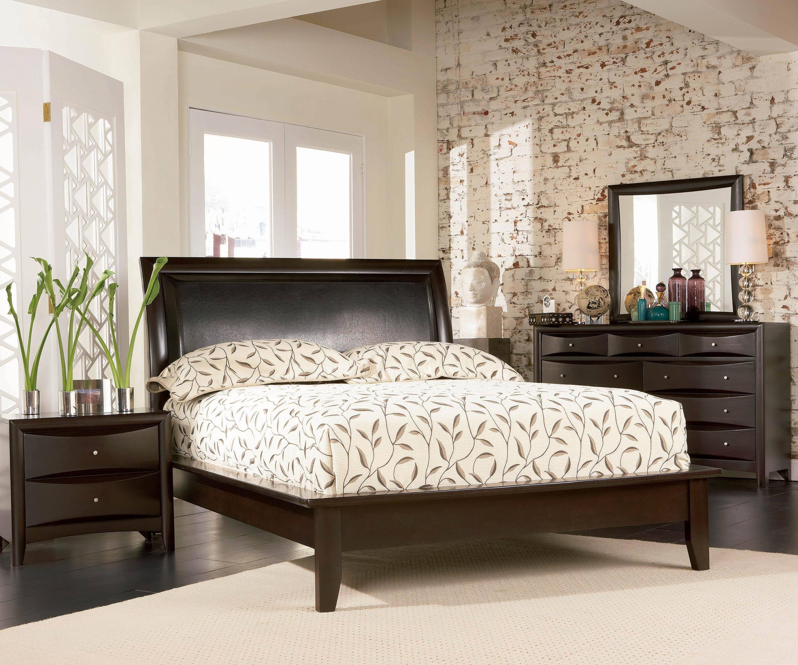 Phoenix wood platform bed with leather upholstered headboard in cappuccino